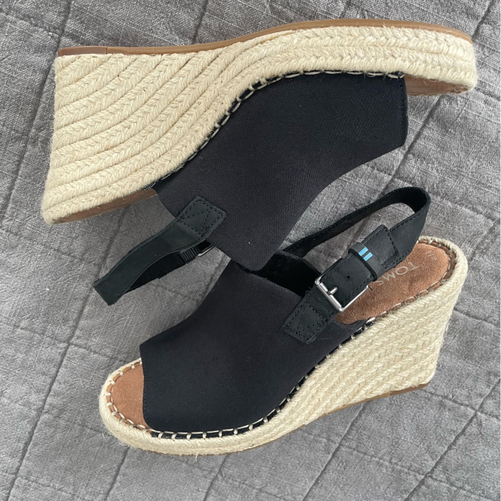 Toms Monica Black Oxford Espadrille Wedge Sandals 7.5 Like New - Picture 3 of 9
